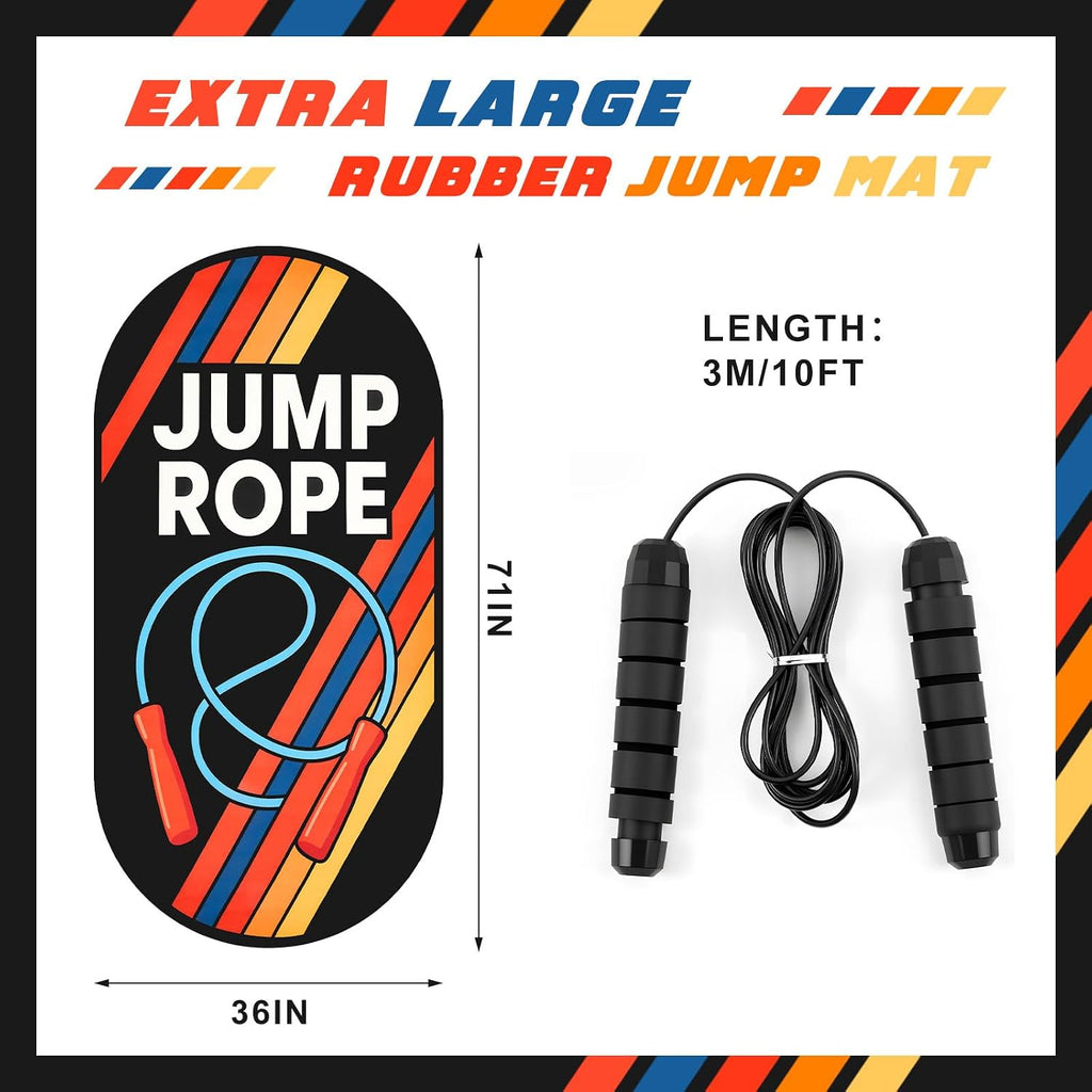 71 X 36 Inch Jump Rope Mat Set Large Rubber Exercise Pad and Jump Rope Outdoor Indoor Non Slip Shock Absorbing Oval Design for Protection Floor Ropes Gym Home