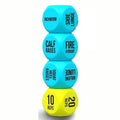PrimeBuild Exercise Dice Set stacked on a white background: three blue exercise dice on top of the yellow reps and time die