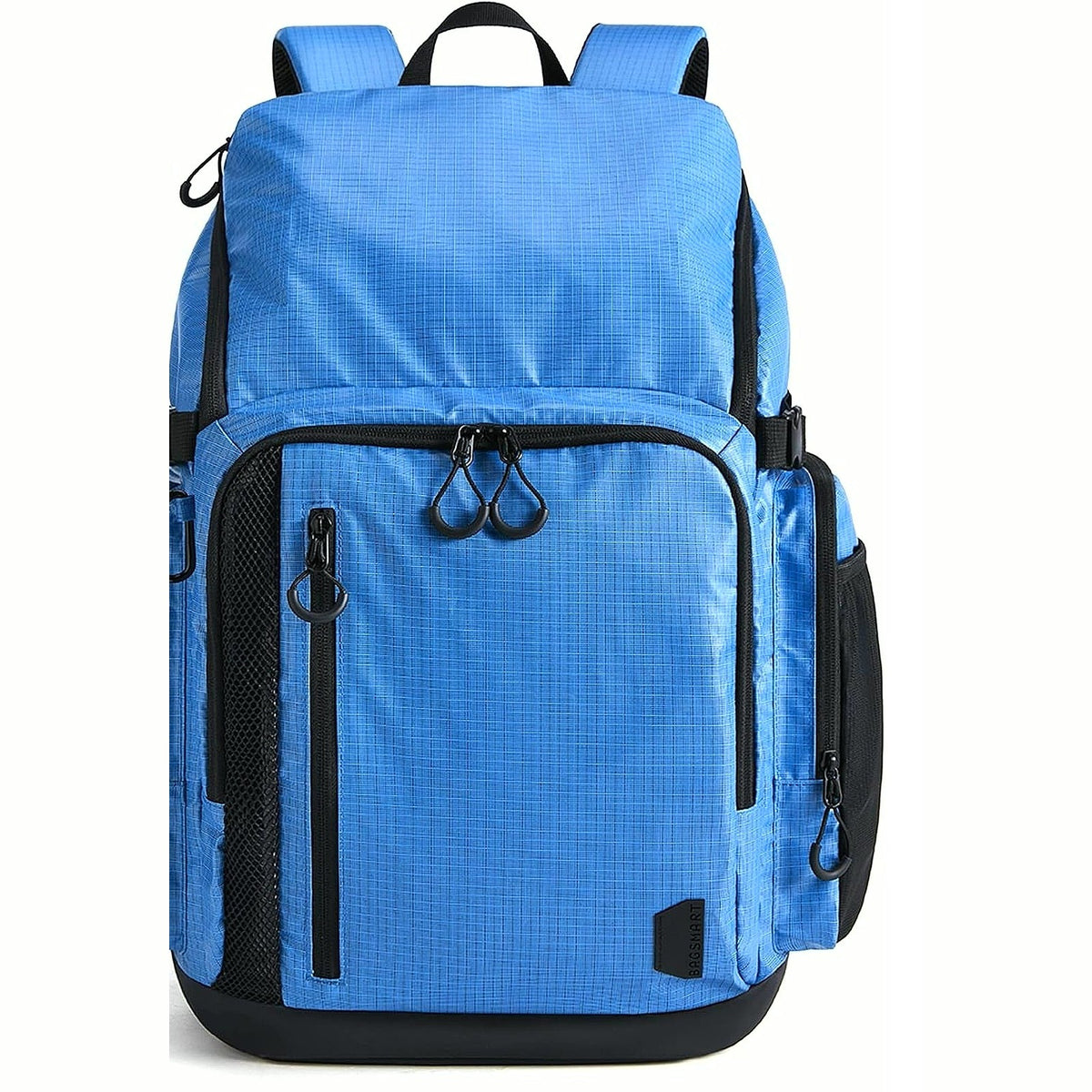PrimeBuild Gym Backpack in blue, front view with black base, top carry handle, vertical zip pocket and side mesh pocket