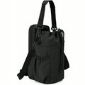 PrimeBuild Insulated Water Bottle Carrier in black, side view with zippered front pocket, strap clips and cord lock
