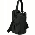 PrimeBuild Insulated Water Bottle Carrier in black, side view with zippered front pocket, strap clips and cord lock