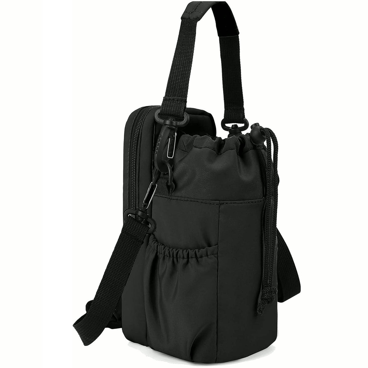 PrimeBuild Insulated Water Bottle Carrier in black, side view with zippered front pocket, strap clips and cord lock