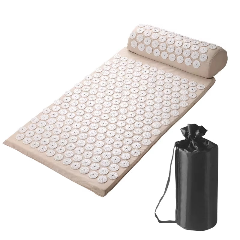 Acupressure Mat & Pillow Set in Beige – mat, pillow and black storage bag