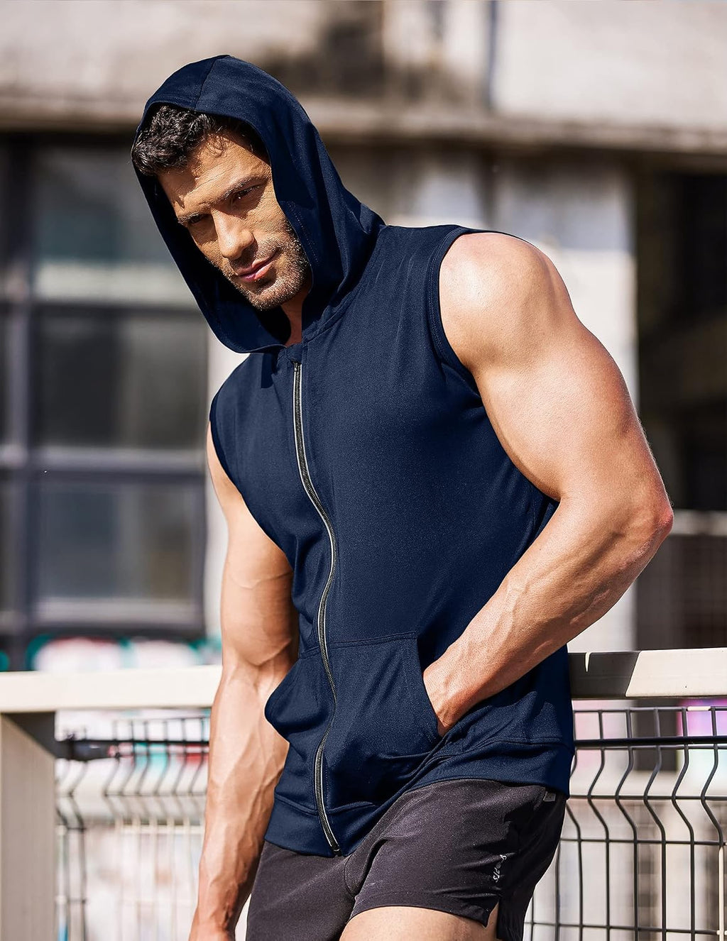 Men'S Workout Hooded Tank Tops Zip up Sleeveless Hoodie Bodybuilding Fitness Gym Muscle Cut off T Shirt