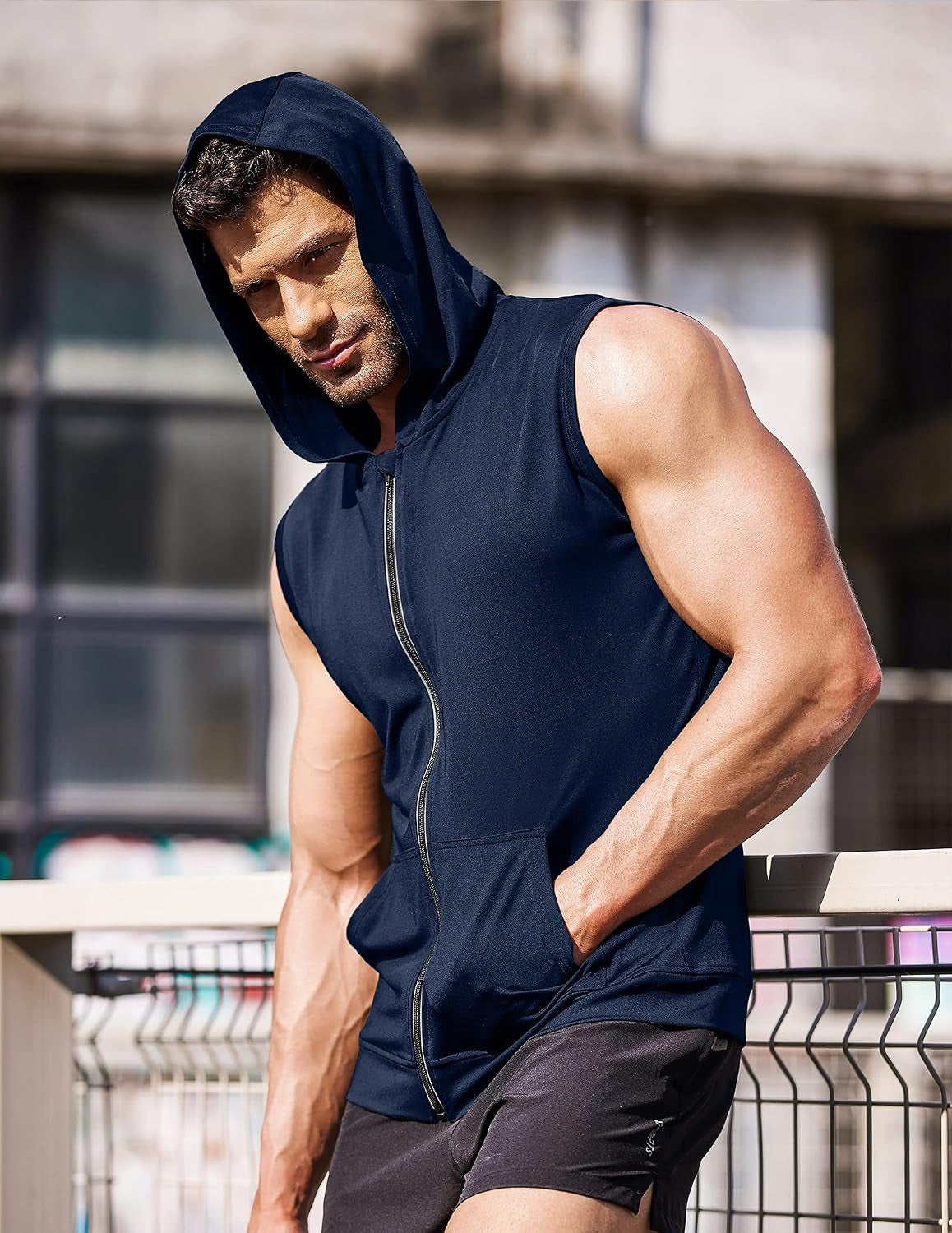Men'S Workout Hooded Tank Tops Zip up Sleeveless Hoodie Bodybuilding Fitness Gym Muscle Cut off T Shirt