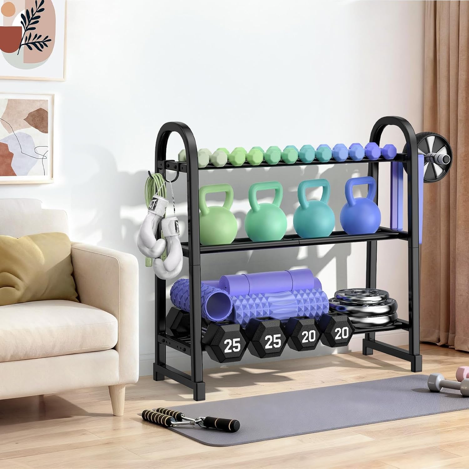 3 Tier Dumbbell Rack - Weight Rack for Home Gym: 360LB, Stand Only | Heavy Duty Adjustable Storage Rack with Hooks, Dumbbell Stand & Weight Holder, Organizer Shelf for Home Gym