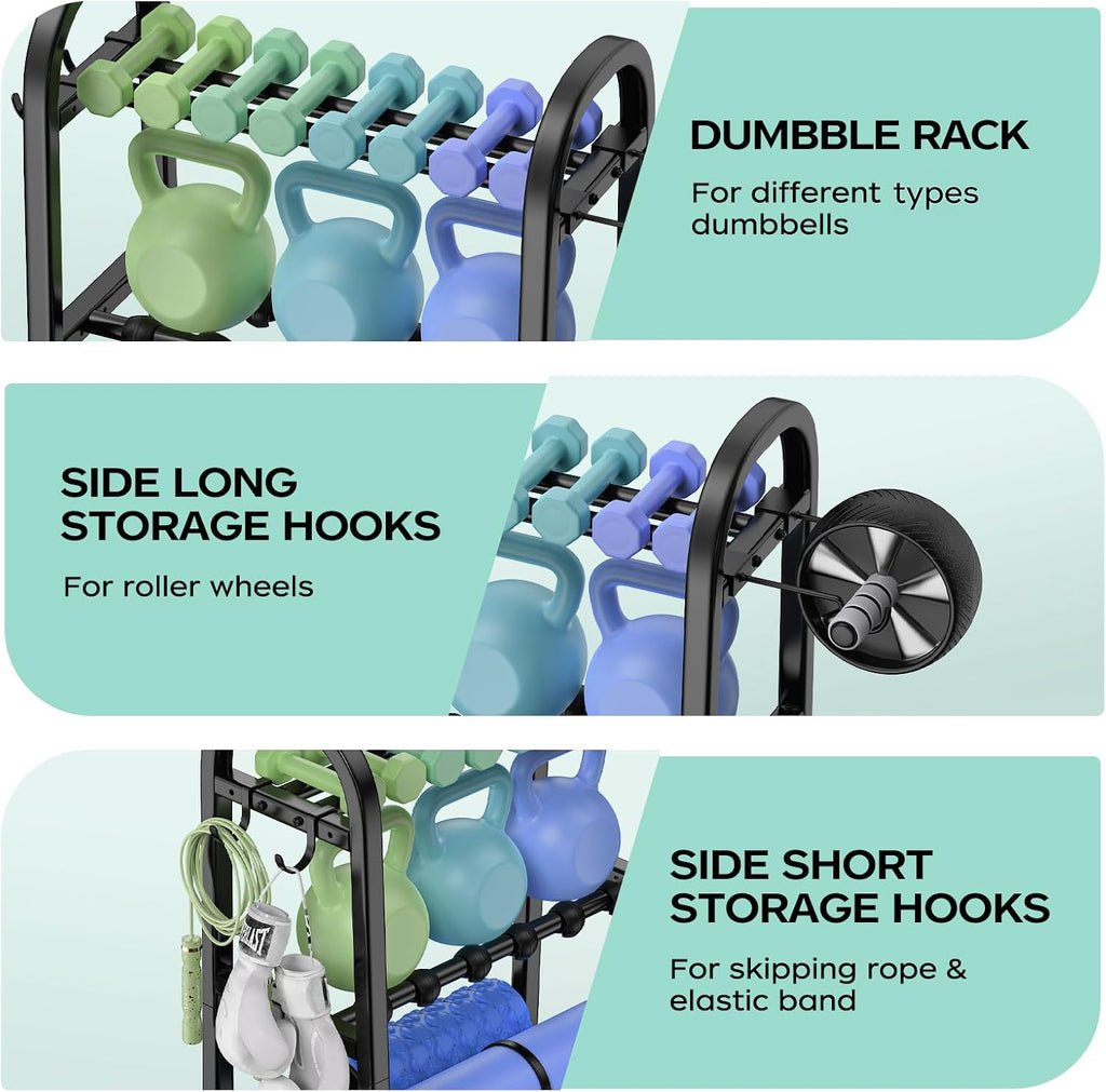 3 Tier Dumbbell Rack - Weight Rack for Home Gym: 360LB, Stand Only | Heavy Duty Adjustable Storage Rack with Hooks, Dumbbell Stand & Weight Holder, Organizer Shelf for Home Gym