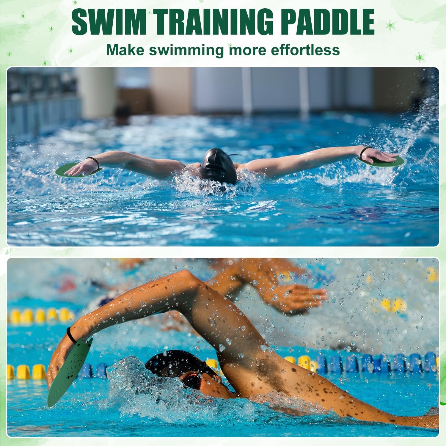 Swimming Paddles for Hands, Swim Paddles with Adjustable Straps, Medium, Green, Black