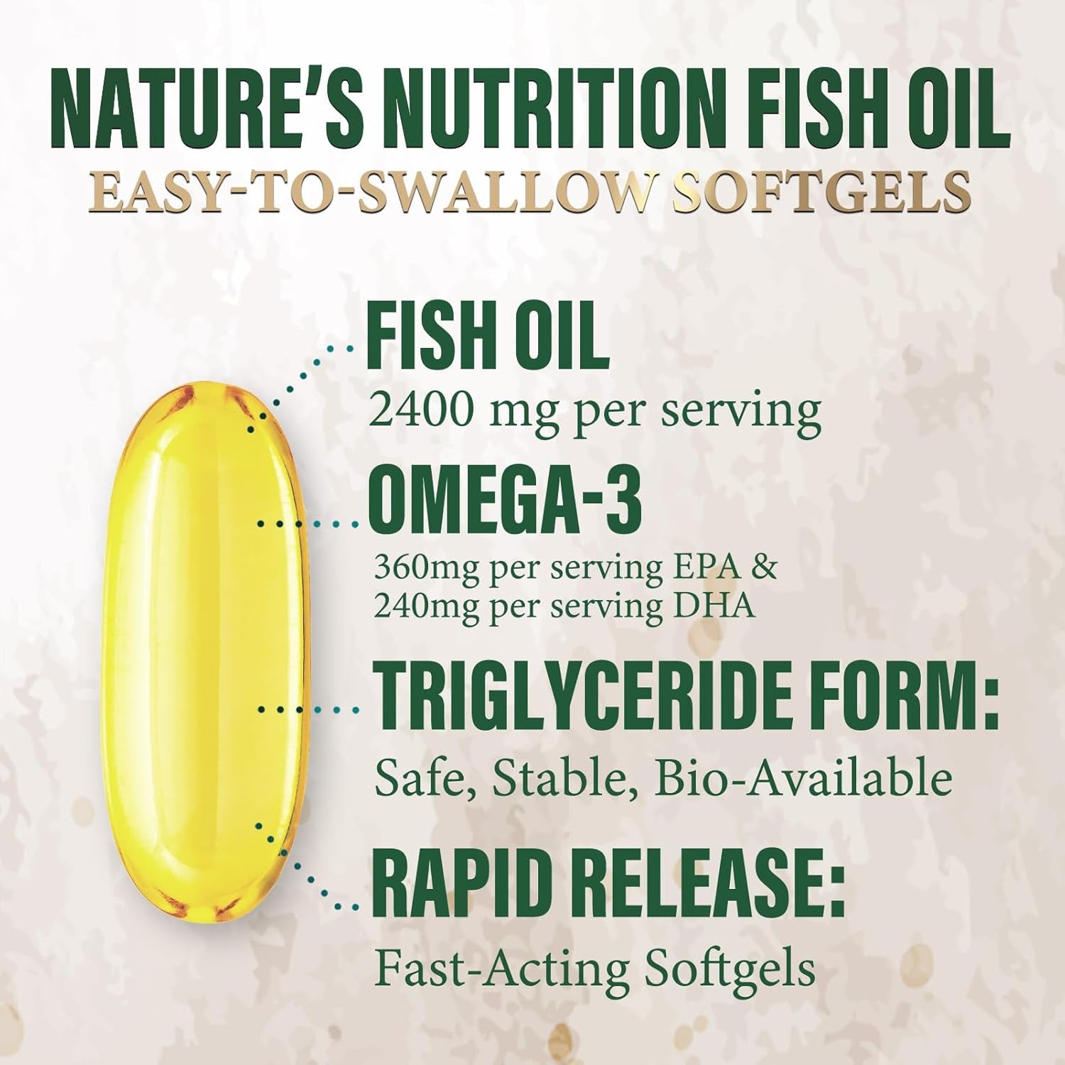 Omega 3 Fish Oil Supplements - 2400Mg Fish Oil per Serving - Triple Strength Omega-3 with EPA & DHA Fatty Acids - Natural Heart, Brain & Immune Support - Wild Caught, Bottled in USA - 60 Softgels
