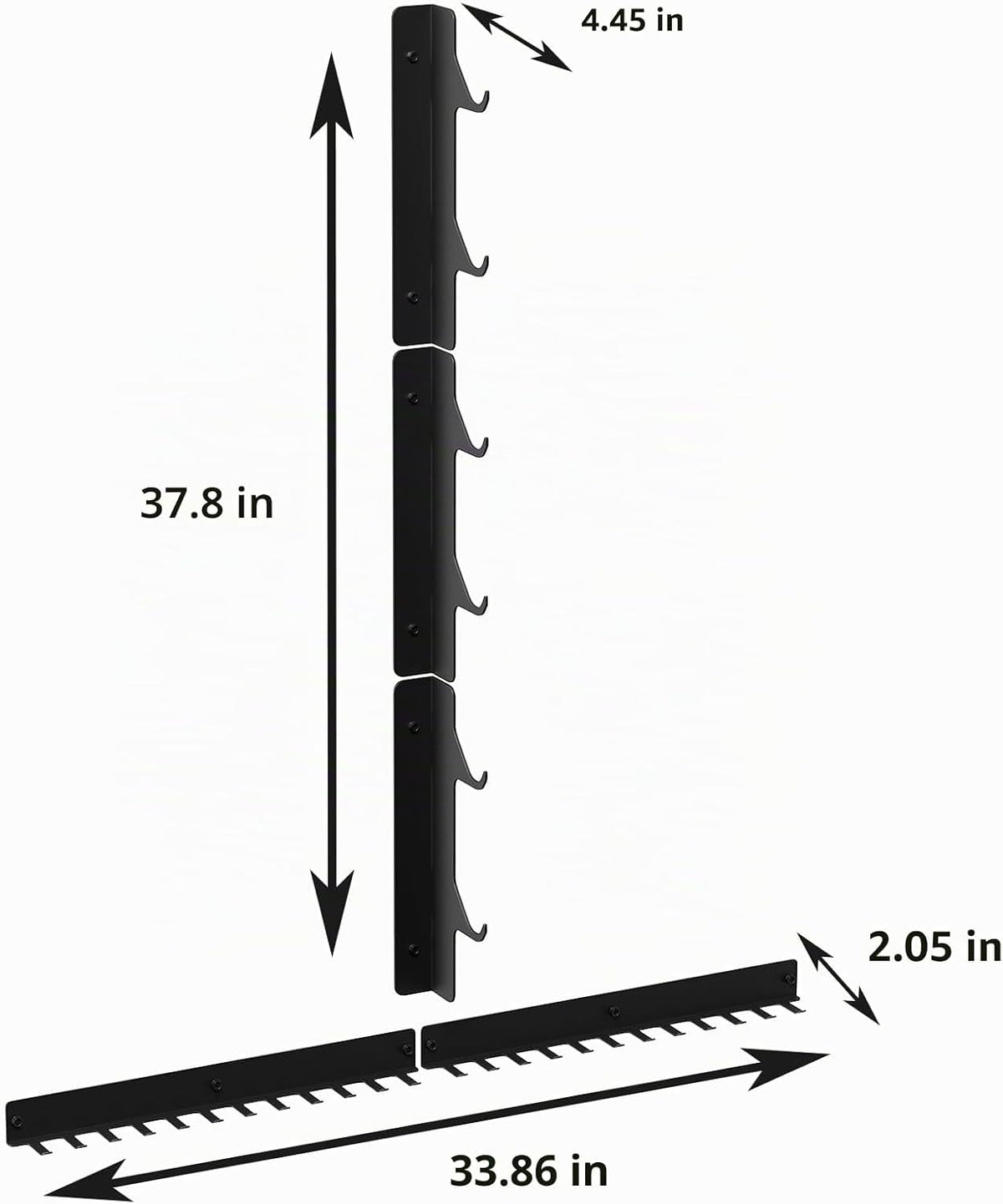 Wall rack dimensions: 37.8 in tall upright, 33.86 in wide hook strips, 4.45 in deep arms, 2.05 in strips