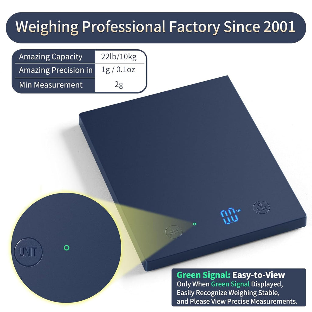 22Lb/10Kg Food Scale, Precision 0.1Oz/1G by Our Professional Scale Factory since 2001, Kitchen Scales Digital Weight Grams and Ounces for Cooking and Baking, LED, 3*AAA Batteries, Blue