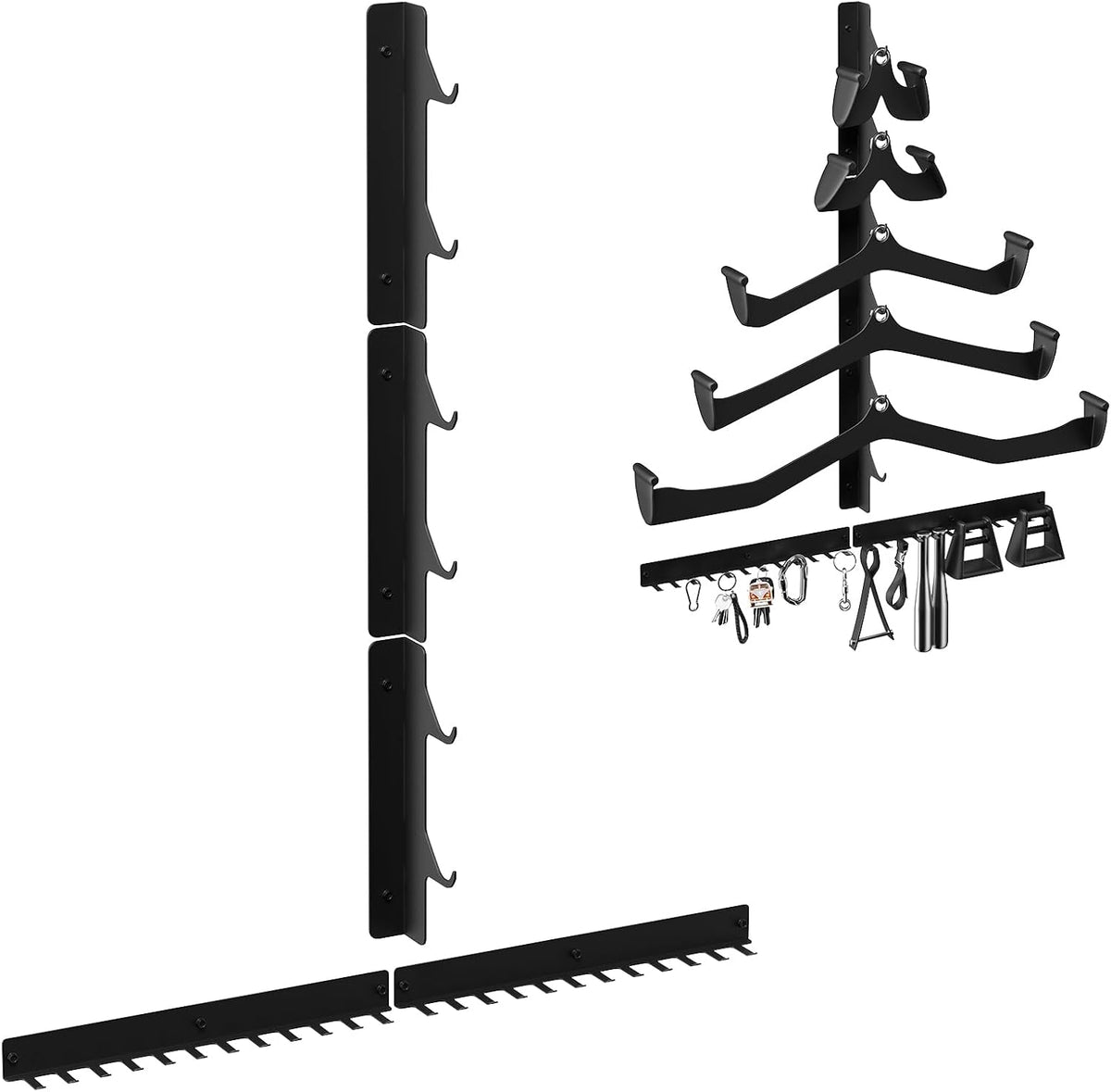 PrimeBuild wall mount LAT bar storage rack: T-shaped black steel upright with 3 curved bar arms and 2 hook strips with 12 small hooks (accessories not included)