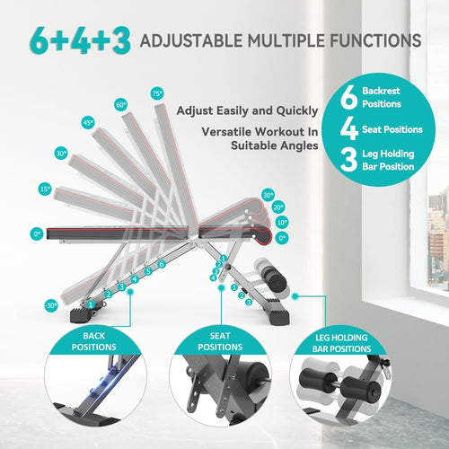 Weight bench adjustment positions: 6 backrest, 4 seat and 3 leg holder positions