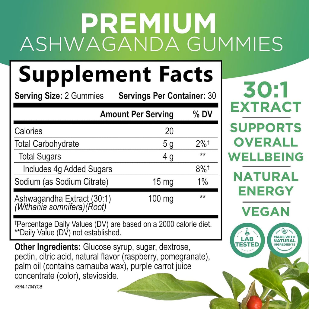 Ashwagandha Gummies - Advanced Ashwagandha Gummy Formula for Daily Use - Natural Antioxidant Support & Brain Health Support - Natural Calm, Relaxation, & Immune Support - Berry Flavor - 60 Gummies