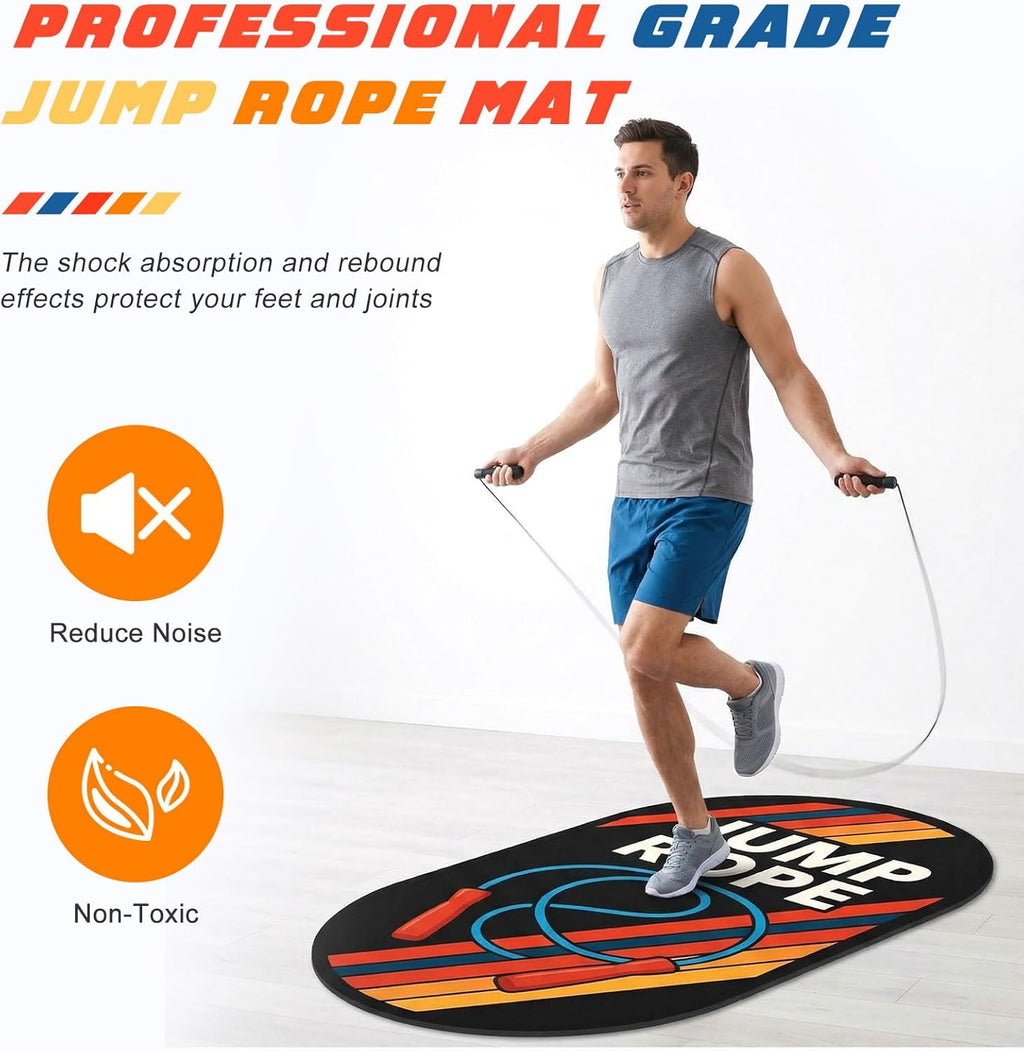 71 X 36 Inch Jump Rope Mat Set Large Rubber Exercise Pad and Jump Rope Outdoor Indoor Non Slip Shock Absorbing Oval Design for Protection Floor Ropes Gym Home