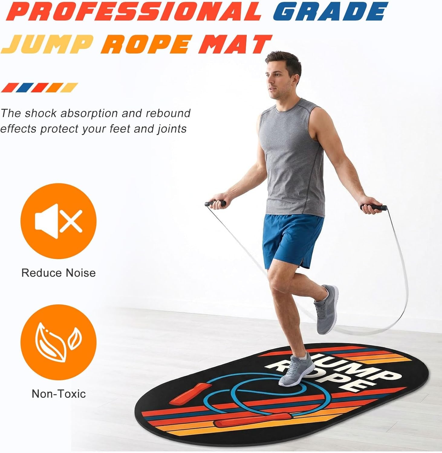 71 X 36 Inch Jump Rope Mat Set Large Rubber Exercise Pad and Jump Rope Outdoor Indoor Non Slip Shock Absorbing Oval Design for Protection Floor Ropes Gym Home
