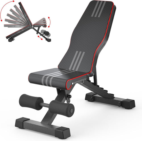 PrimeBuild adjustable foldable weight bench in black with red trim, adjustable backrest, seat and leg holder