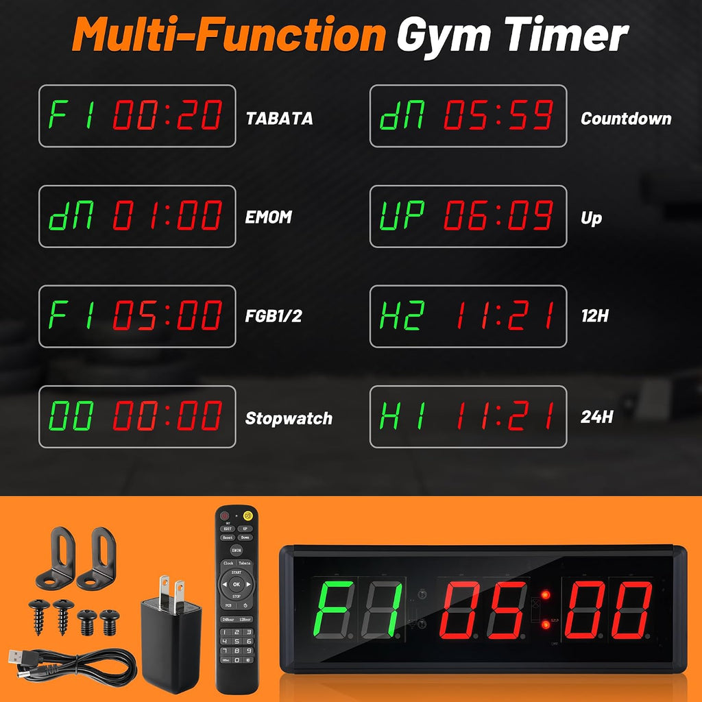 Upgraded Gym Timer Clock for Tabata/Fbg/Emom - Large Digital Interval Workout for Fitness Enthusiast, Count down & up | Stopwatch | Workout Clock for Home Gym/Yoga/Boxing/Garage Fitness Times