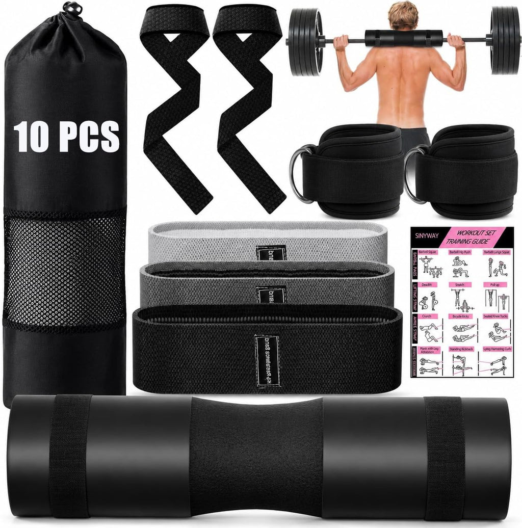 Barbell Pad Set for Squat,10 PCS Hip Thrusts Workout Foam Weight Lifting Bar Cushion with 2 Gym Ankle Straps,3 Hip Resistance Bands,2 Lifting Strap,Barbell Pad and Carry Bag