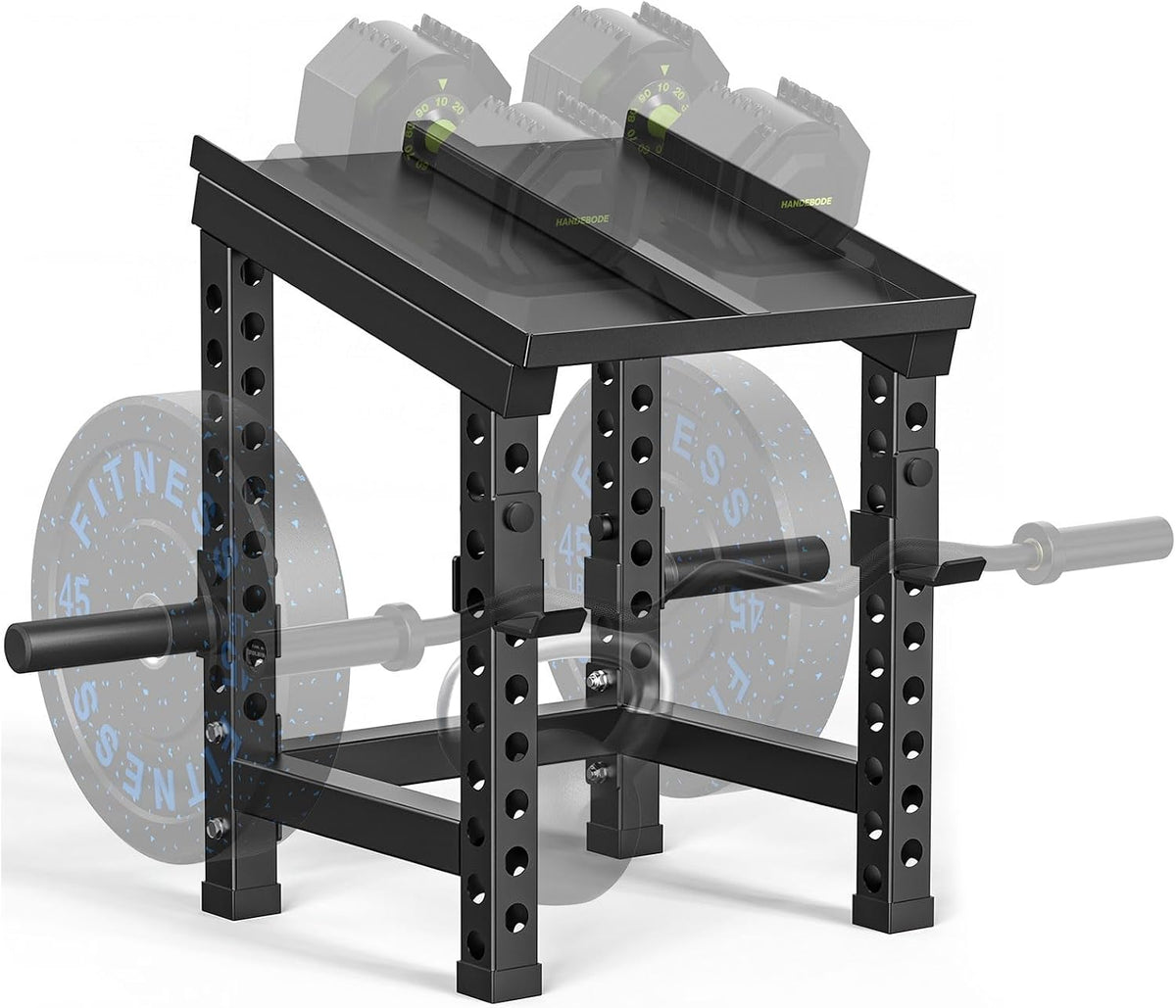 PrimeBuild adjustable dumbbell and plate rack: black steel box frame with multi-hole uprights, tray top and two plate posts