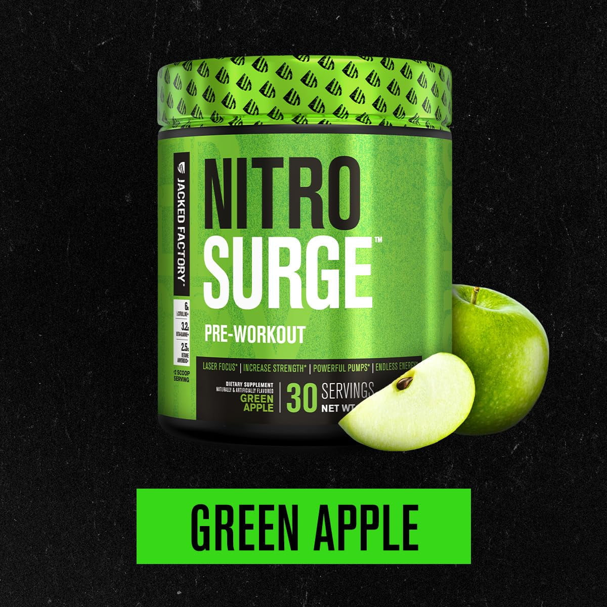 NITROSURGE Pre Workout Supplement - Endless Energy, Instant Strength Gains, Clear Focus, Intense Pumps - NO Booster & Powerful Preworkout Energy Powder - 30 Servings, Green Apple