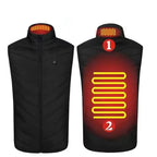 USB Heated Vest – 2 Areas · Black: front and back views with the collar and back heated areas marked
