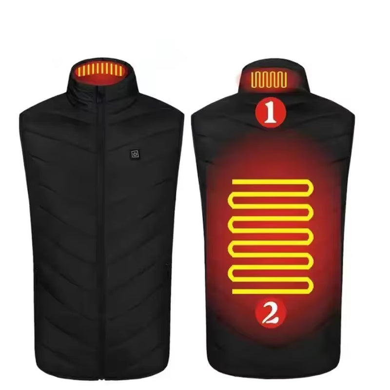 USB Heated Vest – 2 Areas · Black: front and back views with the collar and back heated areas marked