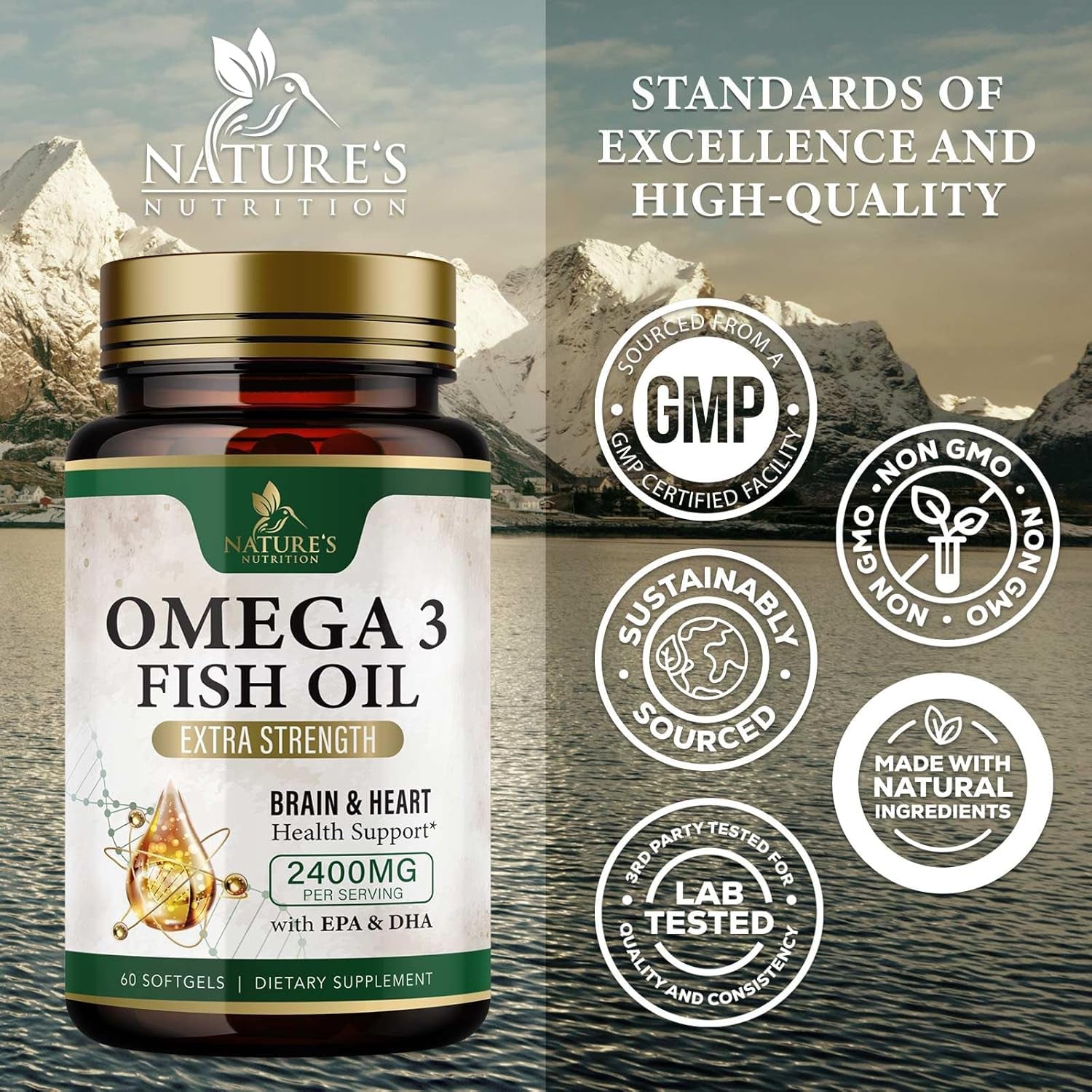 Omega 3 Fish Oil Supplements - 2400Mg Fish Oil per Serving - Triple Strength Omega-3 with EPA & DHA Fatty Acids - Natural Heart, Brain & Immune Support - Wild Caught, Bottled in USA - 60 Softgels