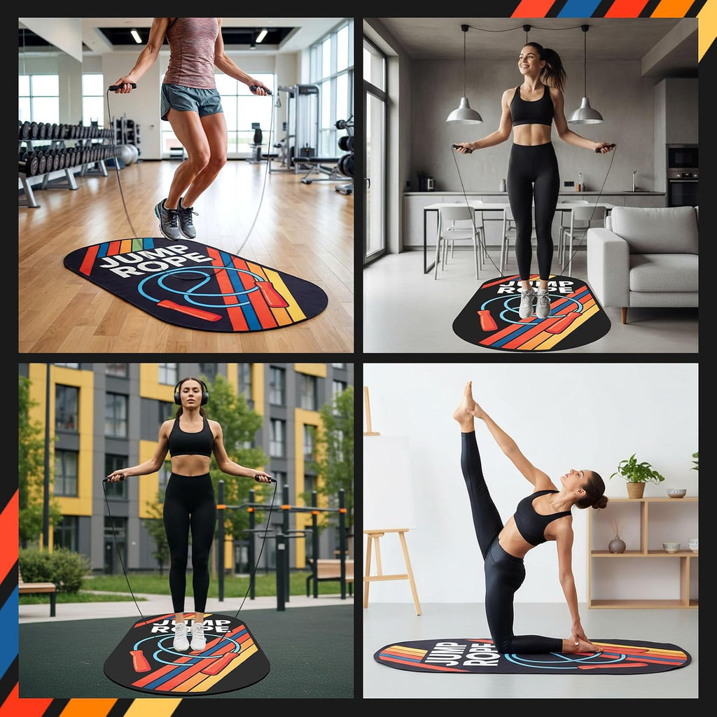 71 X 36 Inch Jump Rope Mat Set Large Rubber Exercise Pad and Jump Rope Outdoor Indoor Non Slip Shock Absorbing Oval Design for Protection Floor Ropes Gym Home