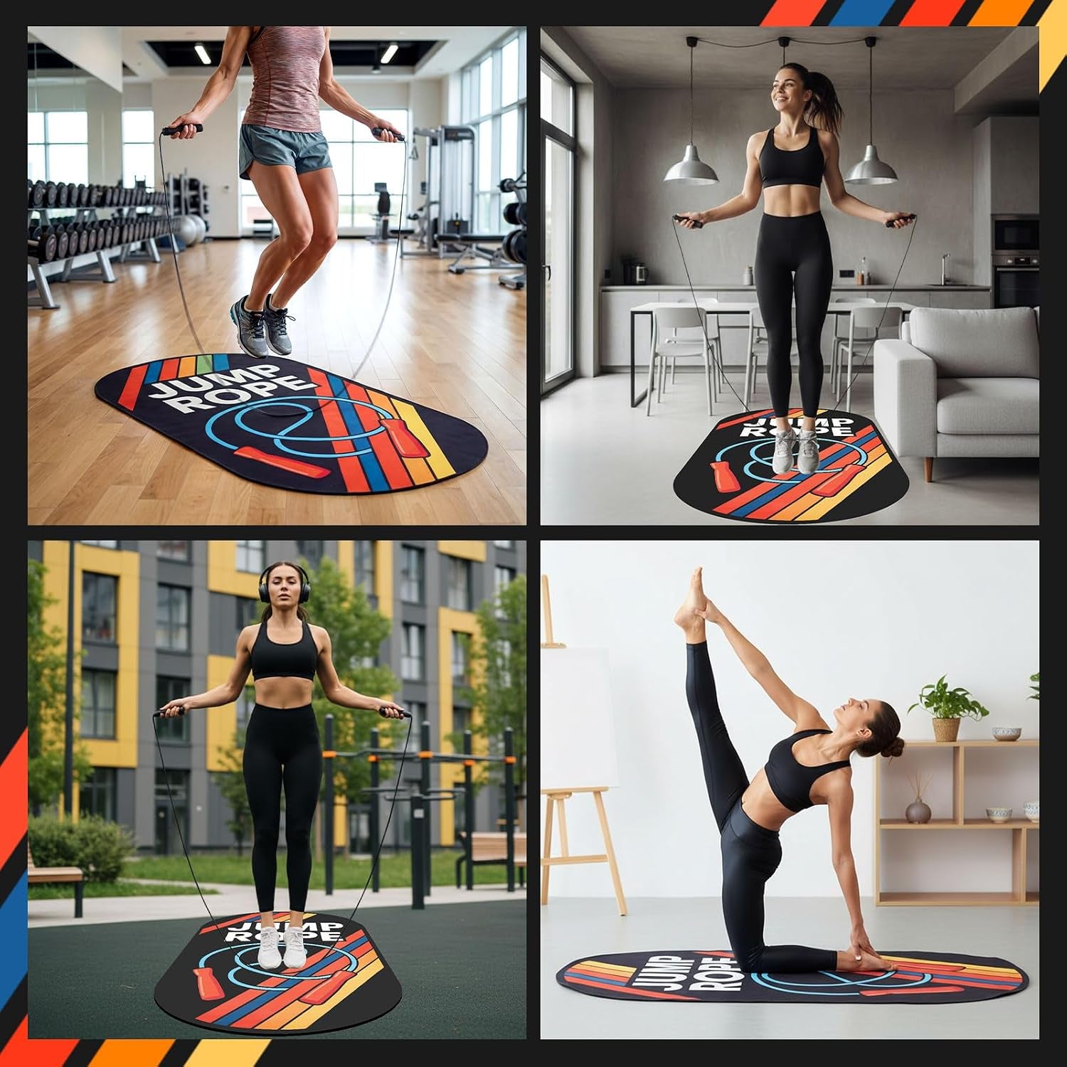 71 X 36 Inch Jump Rope Mat Set Large Rubber Exercise Pad and Jump Rope Outdoor Indoor Non Slip Shock Absorbing Oval Design for Protection Floor Ropes Gym Home