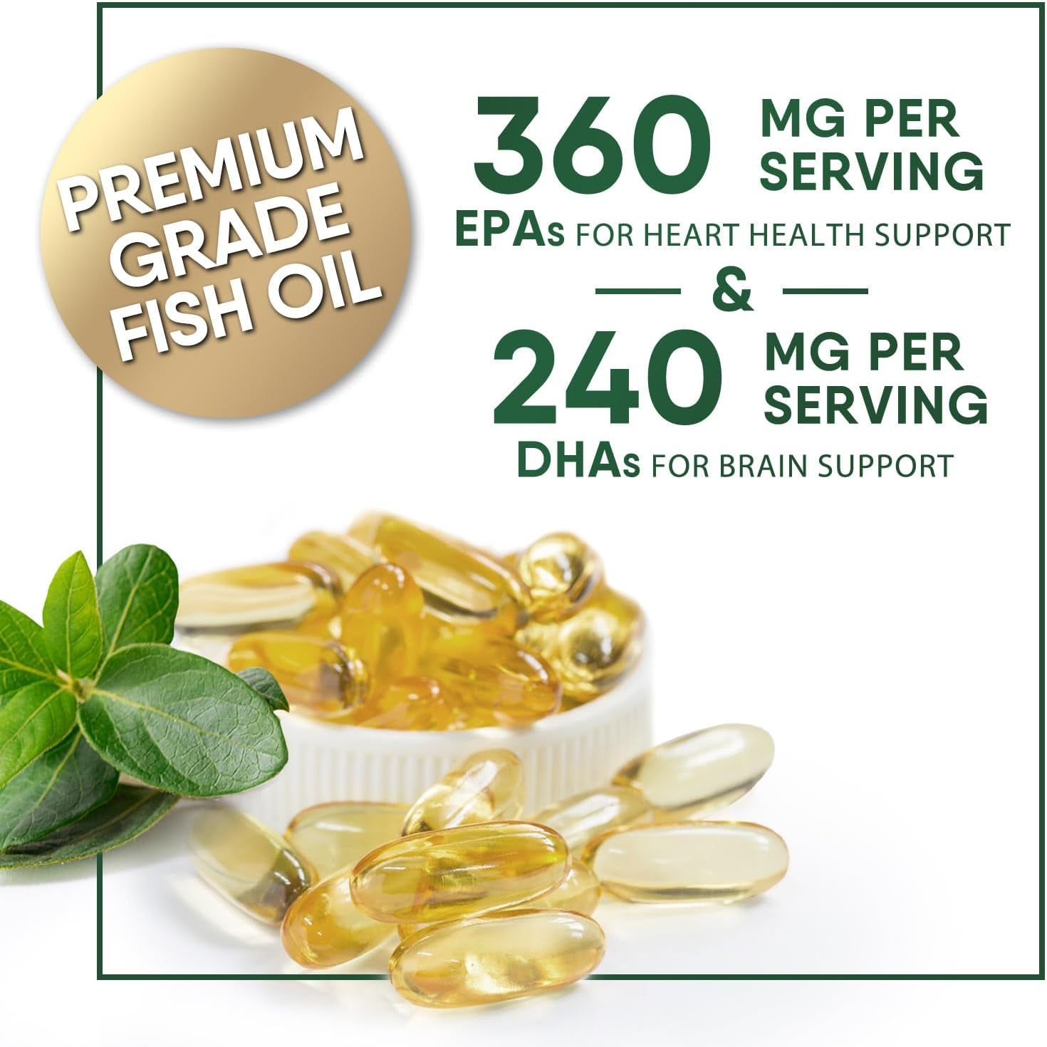 Omega 3 Fish Oil Supplements - 2400Mg Fish Oil per Serving - Triple Strength Omega-3 with EPA & DHA Fatty Acids - Natural Heart, Brain & Immune Support - Wild Caught, Bottled in USA - 60 Softgels