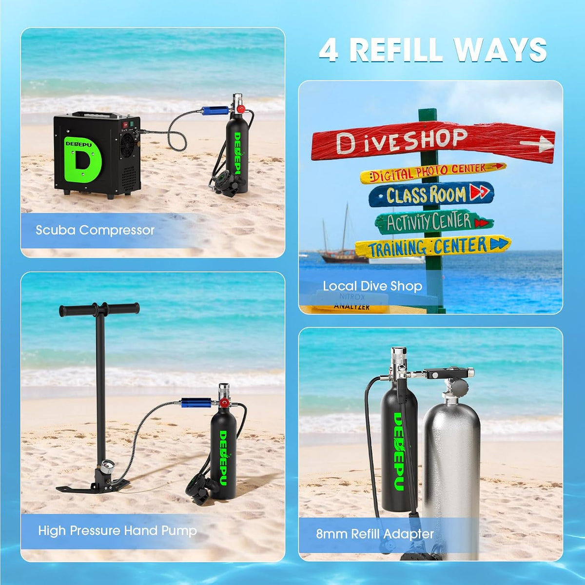 Four ways to refill the DEDEPU mini scuba tank – compressor, hand pump, dive shop and 8 mm adapter