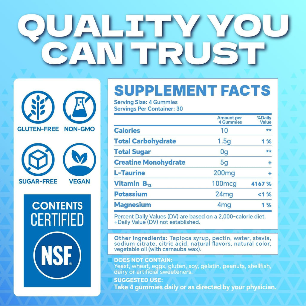 Creatine Monohydrate Gummies 5G for Men & Women - Creatine Gummies NSF Certified, Sugar Free Multi-Ingredient Formula for Muscle Strength & Recovery - Blue Raspberry, 120 Count