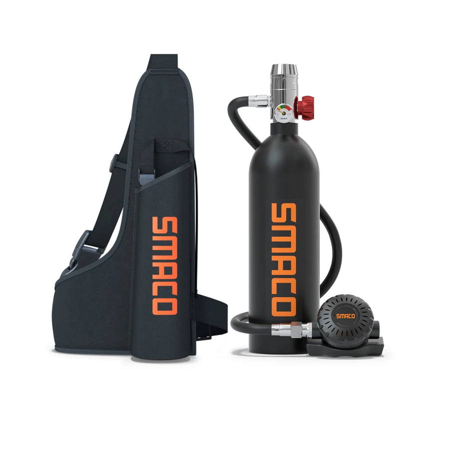 SMACO S400 1L mini scuba tank in black with pressure gauge, regulator and sling dive bag
