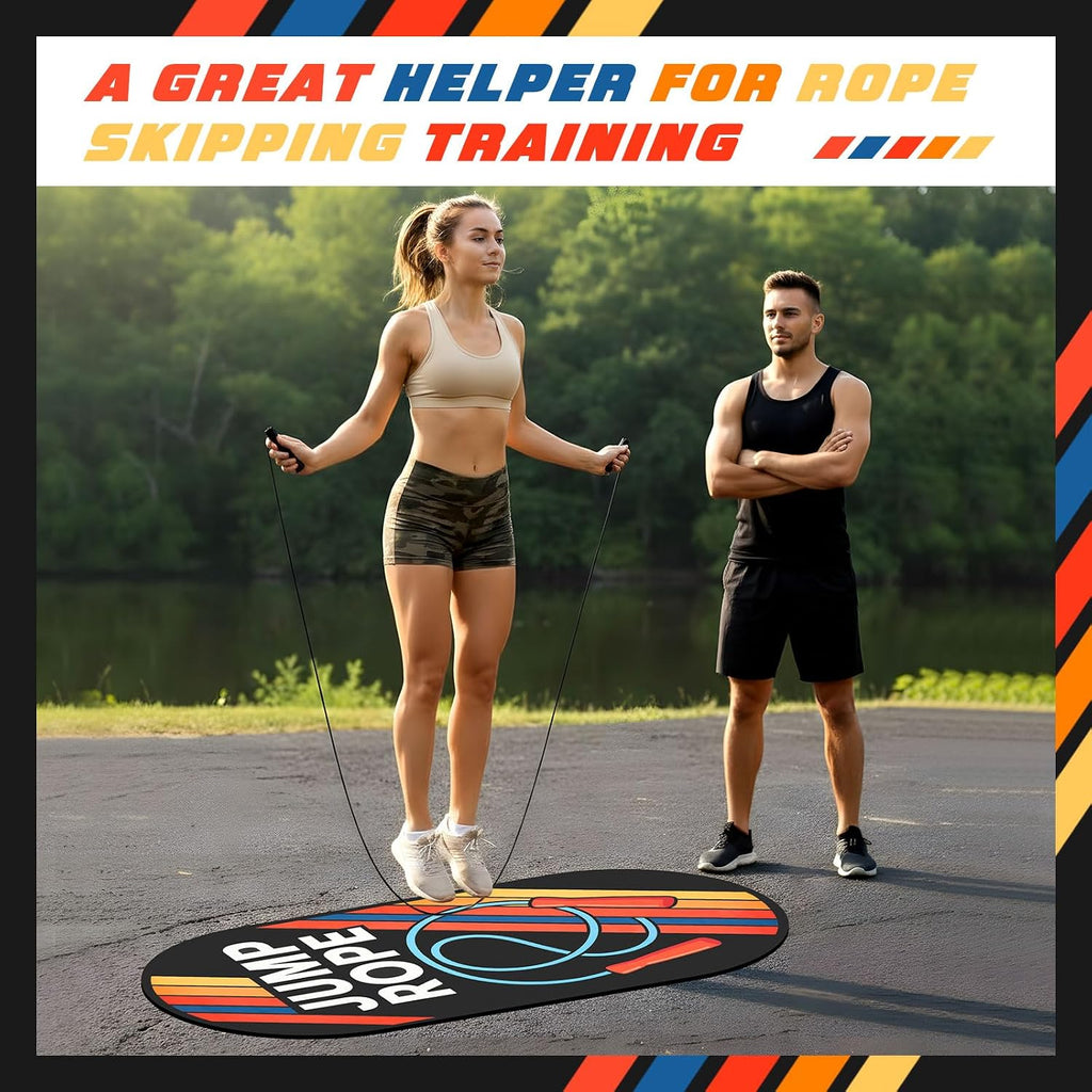 71 X 36 Inch Jump Rope Mat Set Large Rubber Exercise Pad and Jump Rope Outdoor Indoor Non Slip Shock Absorbing Oval Design for Protection Floor Ropes Gym Home