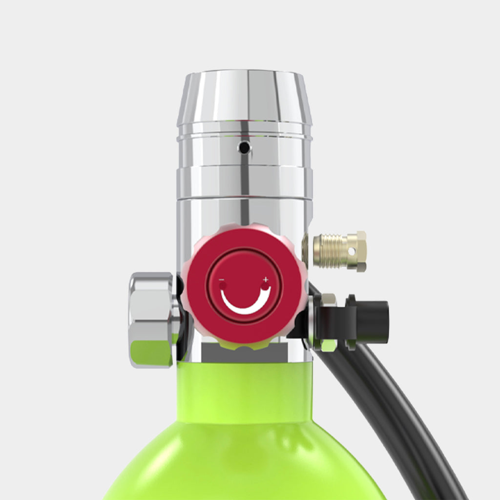SMACO S400 first-stage valve with red on/off knob and fill port, close-up