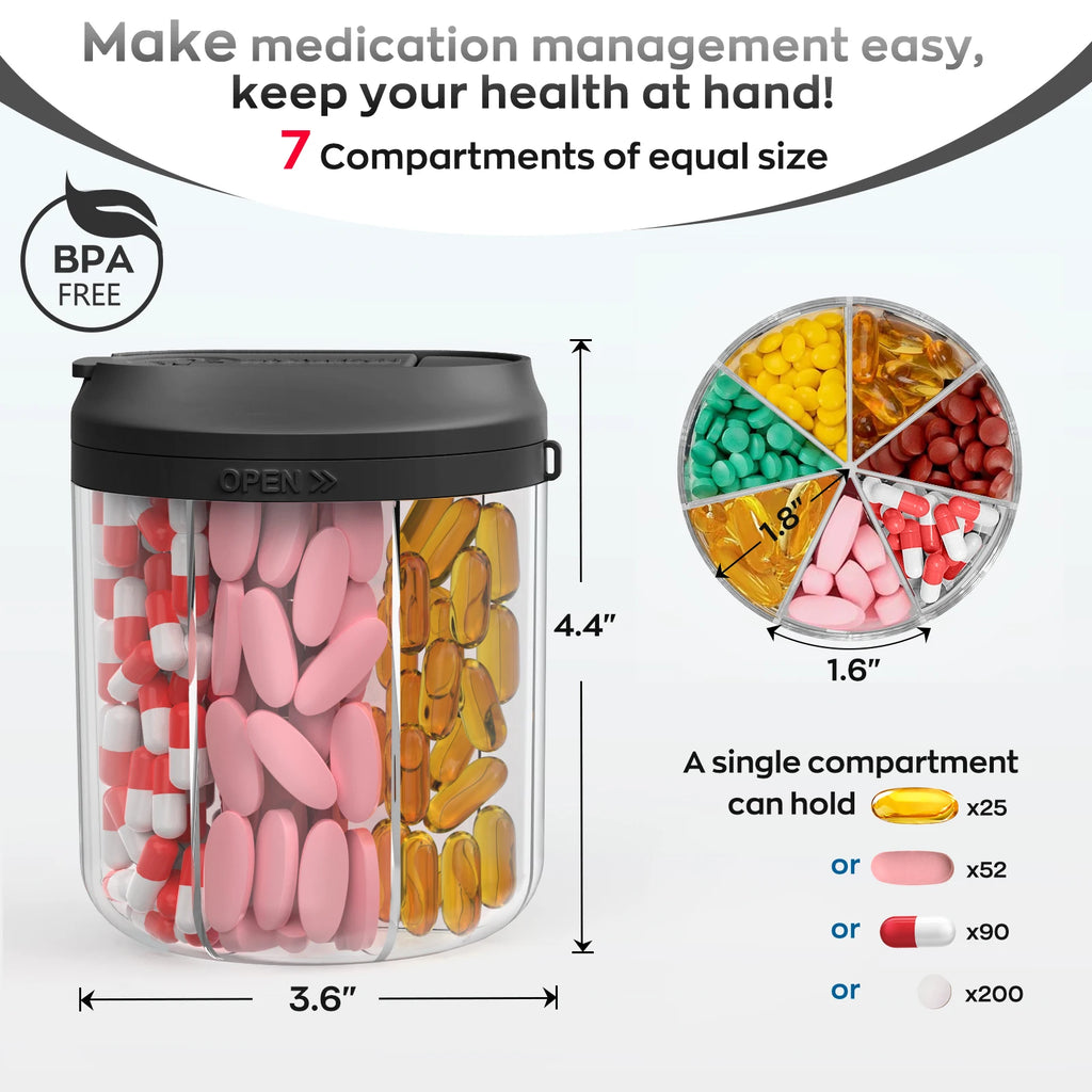 Weekly/7-Compartment Pill Organizer, Travel Pill Case with Anti-Mix Design & 20 Labels – Portable Supplement Container