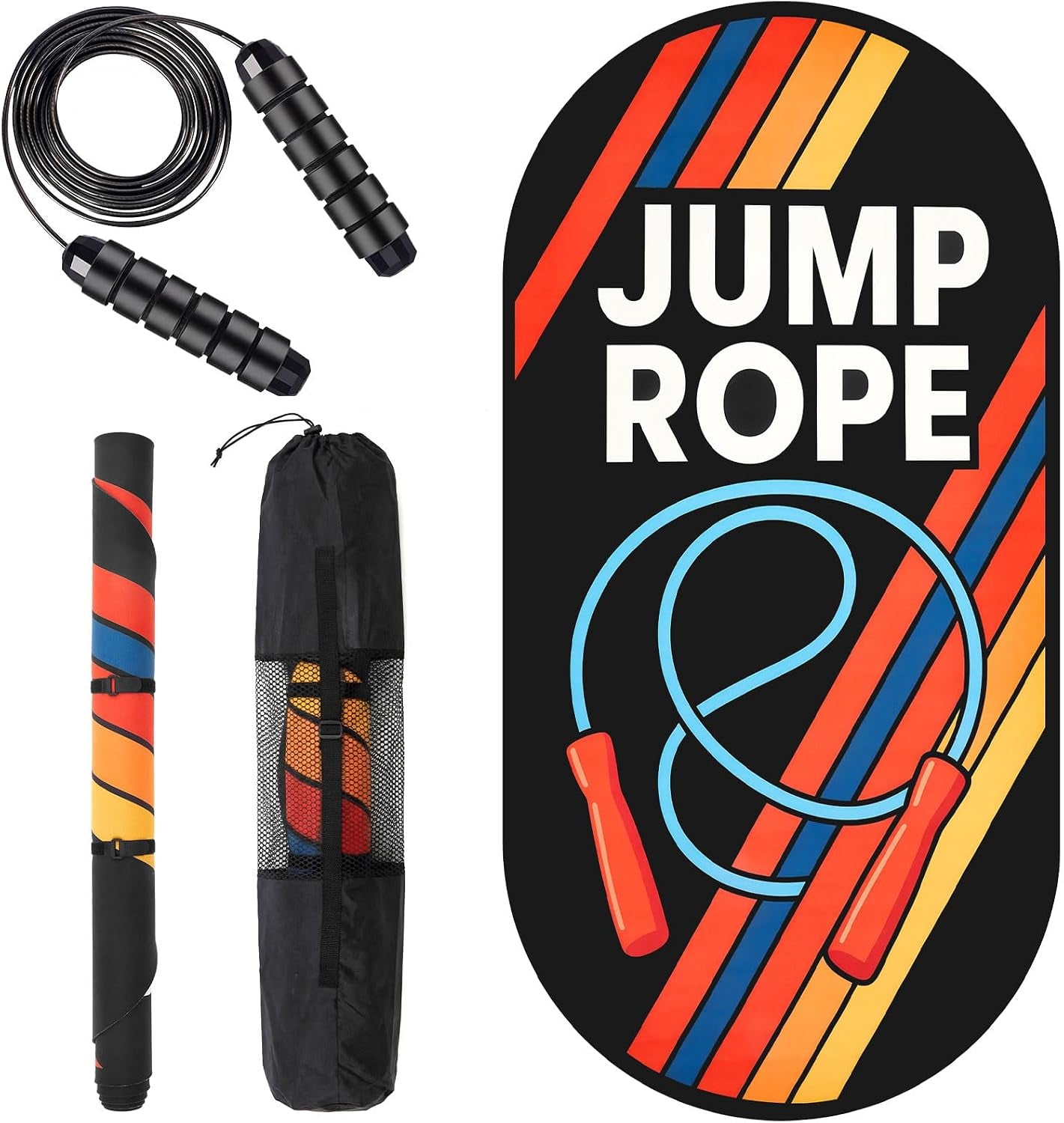 71 X 36 Inch Jump Rope Mat Set Large Rubber Exercise Pad and Jump Rope Outdoor Indoor Non Slip Shock Absorbing Oval Design for Protection Floor Ropes Gym Home