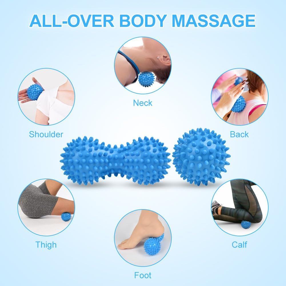 Spiky Massage Ball Set, 2 Pack Physical Therapy Massage Balls, Hard Lacrosse Ball & Spiky Massage Ball for Myofascial Release and Trigger Point Deep Tissue Massage (Blue)