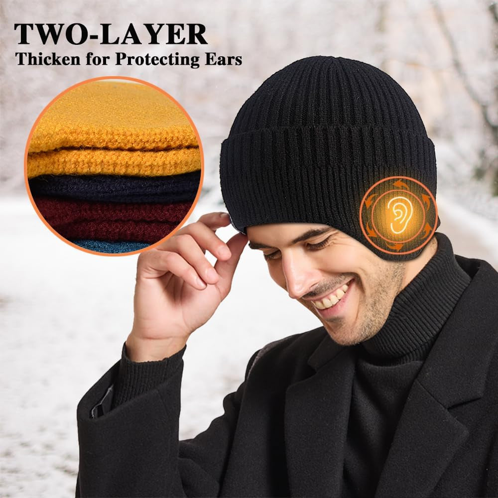 2Pcs Winter Beanies with Ear Flaps for Men Women, Warm Knit Earflaps Cap Thick Hats