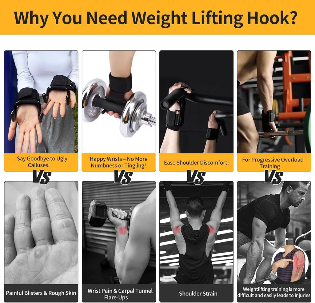 Weight Lifting Hooks for Men and Women (Pair) | 330 LB Heavy Duty Gym Lifting Wrist Strap Hook for Deadlifts, Pull-Ups, Strength Training, 0.4Inch Grip Weightlifting Hooks