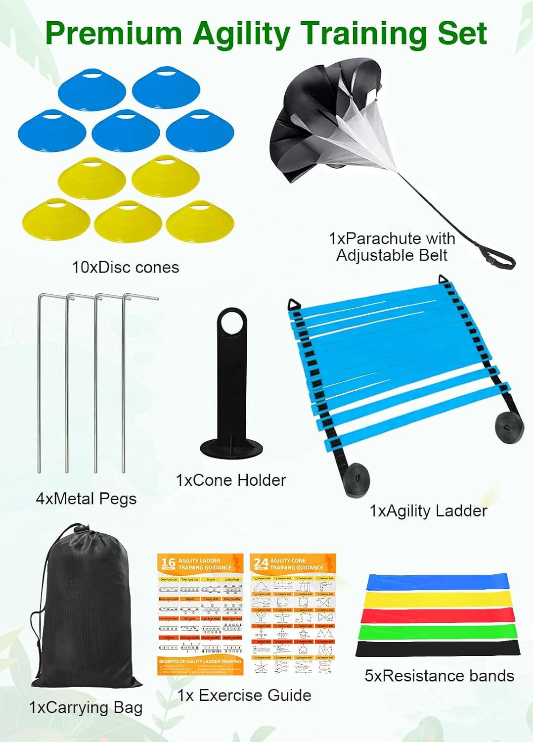 Hands Free Speed Agility Training Equipment Set - 20Ft Agility Ladder, 10 Disc Cones, Resistance Parachute, 5 Resistance Bands & Carry Bag | Football Soccer Basketball Fitness Drills