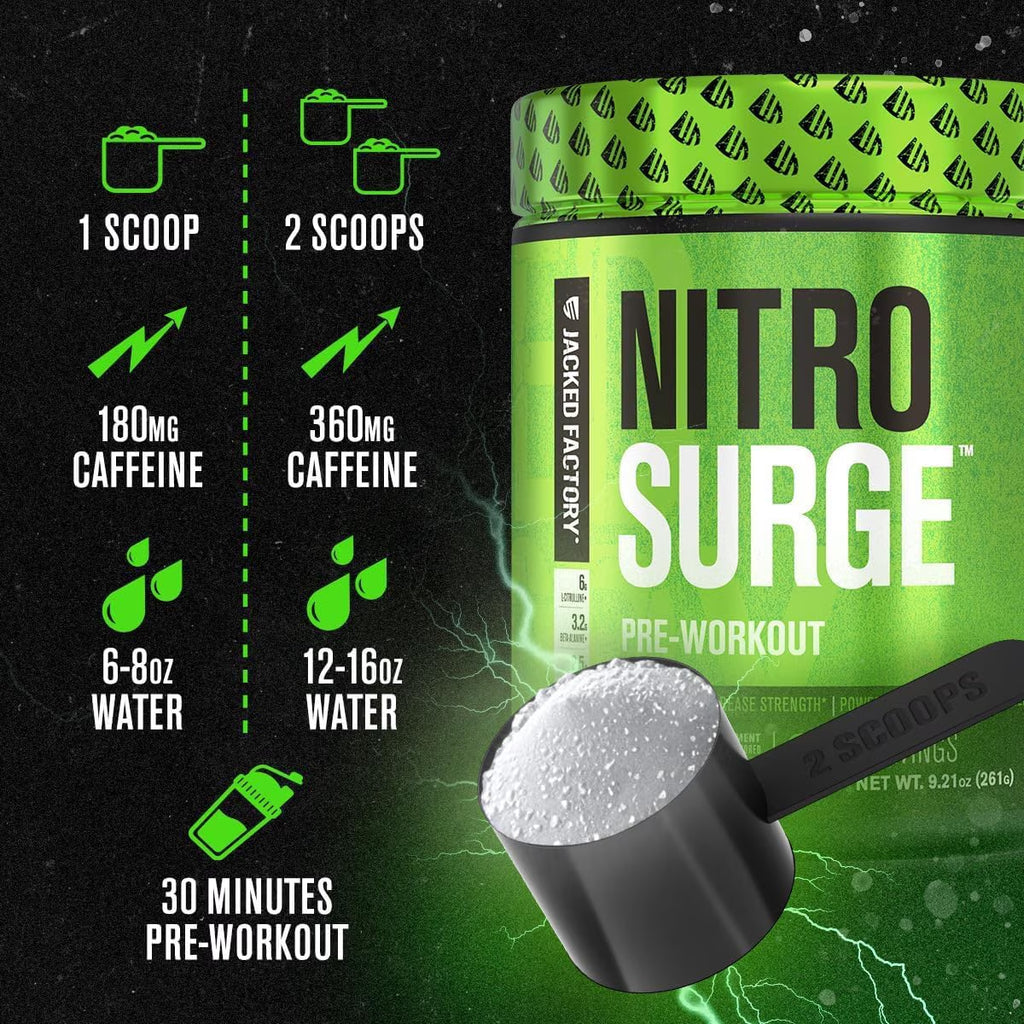 NITROSURGE Pre Workout Supplement - Endless Energy, Instant Strength Gains, Clear Focus, Intense Pumps - NO Booster & Powerful Preworkout Energy Powder - 30 Servings, Green Apple