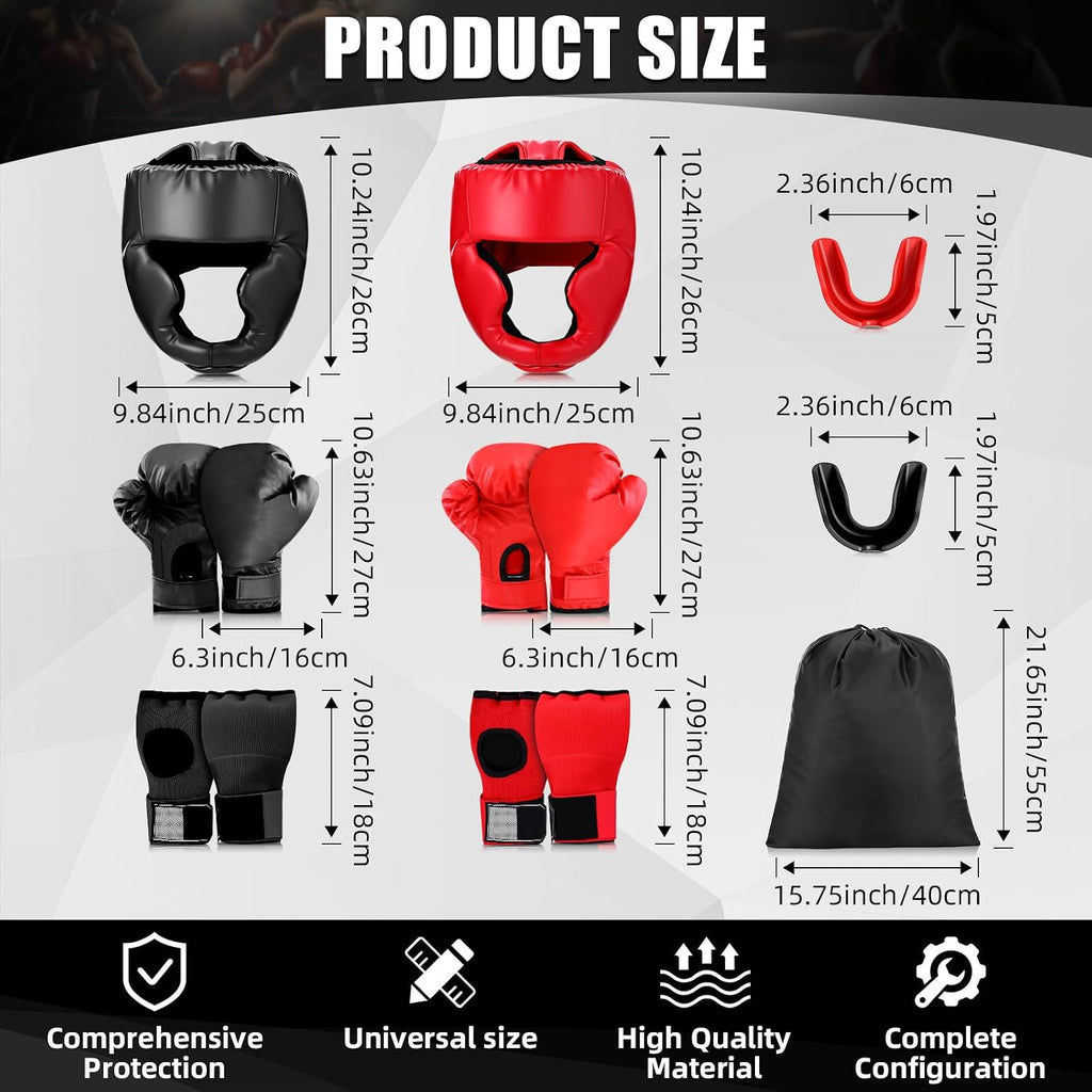 14 Pcs Boxing Equipment Set for Beginners 2 Pair of Boxing Gloves Headgears Sport Mouths Guards Gel Hand Wraps and Bags Taekwondo Sparring Gear Gifts for Adults Beginners Training Equipment
