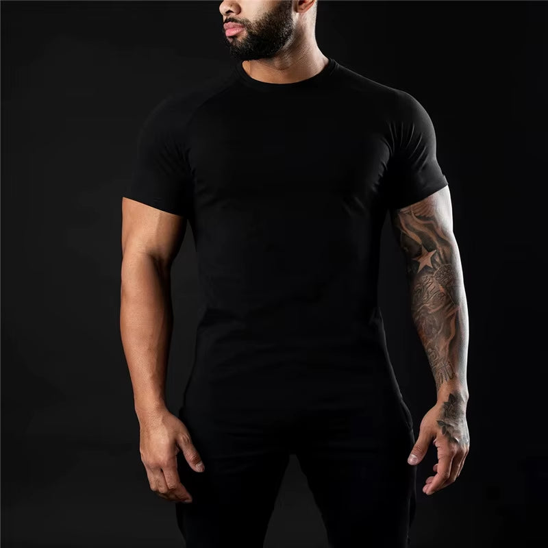 Plain Gym T-Shirt Men Summer Fitness Clothing O-Neck Short Sleeve T Shirt Cotton Slim Fit Tshirt Bodybuilding Workout Tees Tops