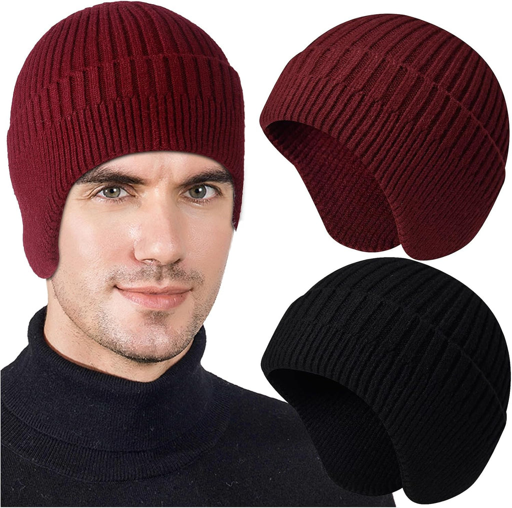 2Pcs Winter Beanies with Ear Flaps for Men Women, Warm Knit Earflaps Cap Thick Hats