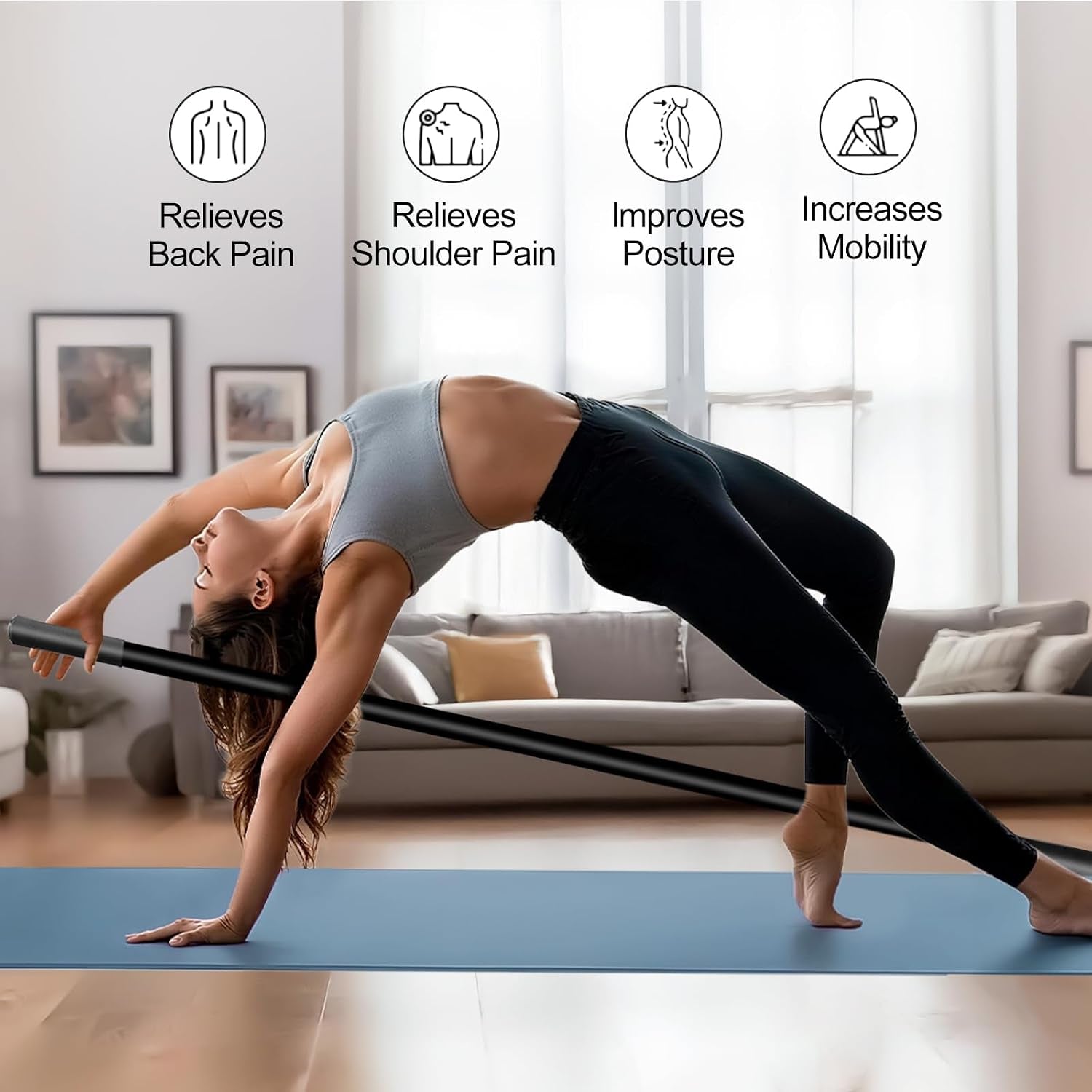 5Ft Yoga Stick - Heavy-Duty Steel Adjustable Mobility Stick for Exercise, Stretching, Balance - Versatile Exercise Stick with Resistance Bands for Fitness, Rehabilitation and Warm Up