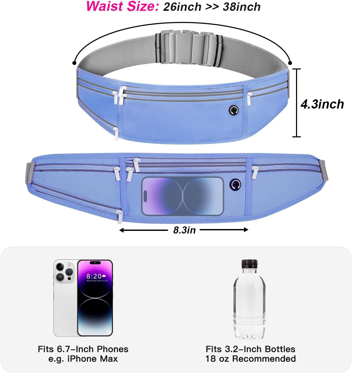 Slim Running Belt for Women Men,Runners Fanny Pack Phone Holder,Money Belt,Running Gear Accessories,With 3 Pockets (Jet Blue)