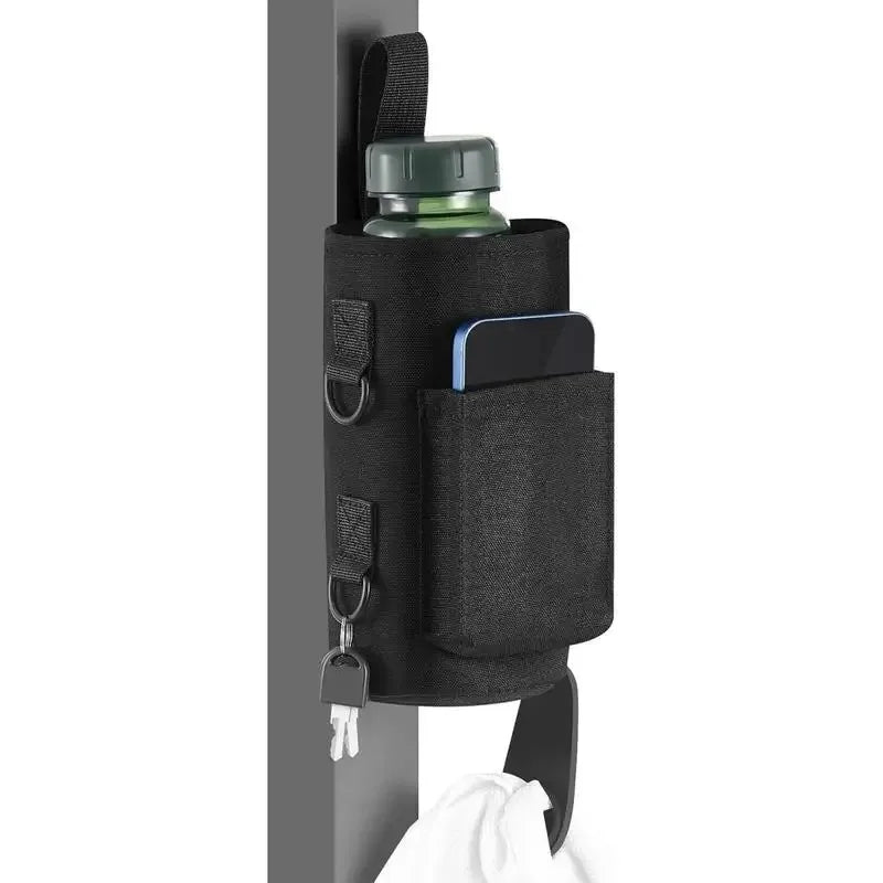 Magnetic Gym Bottle Holder in Black – on a steel post with a bottle, phone, keys and towel