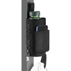 Magnetic Gym Bottle Holder in Black – on a steel post with a bottle, phone, keys and towel